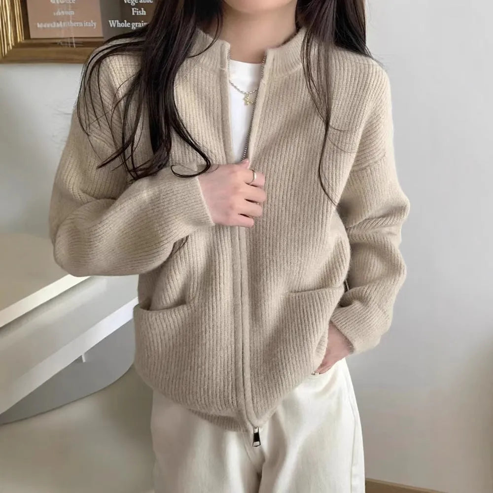 Women's beige soft wind sweater coat cardigan with long sleeves on hanger