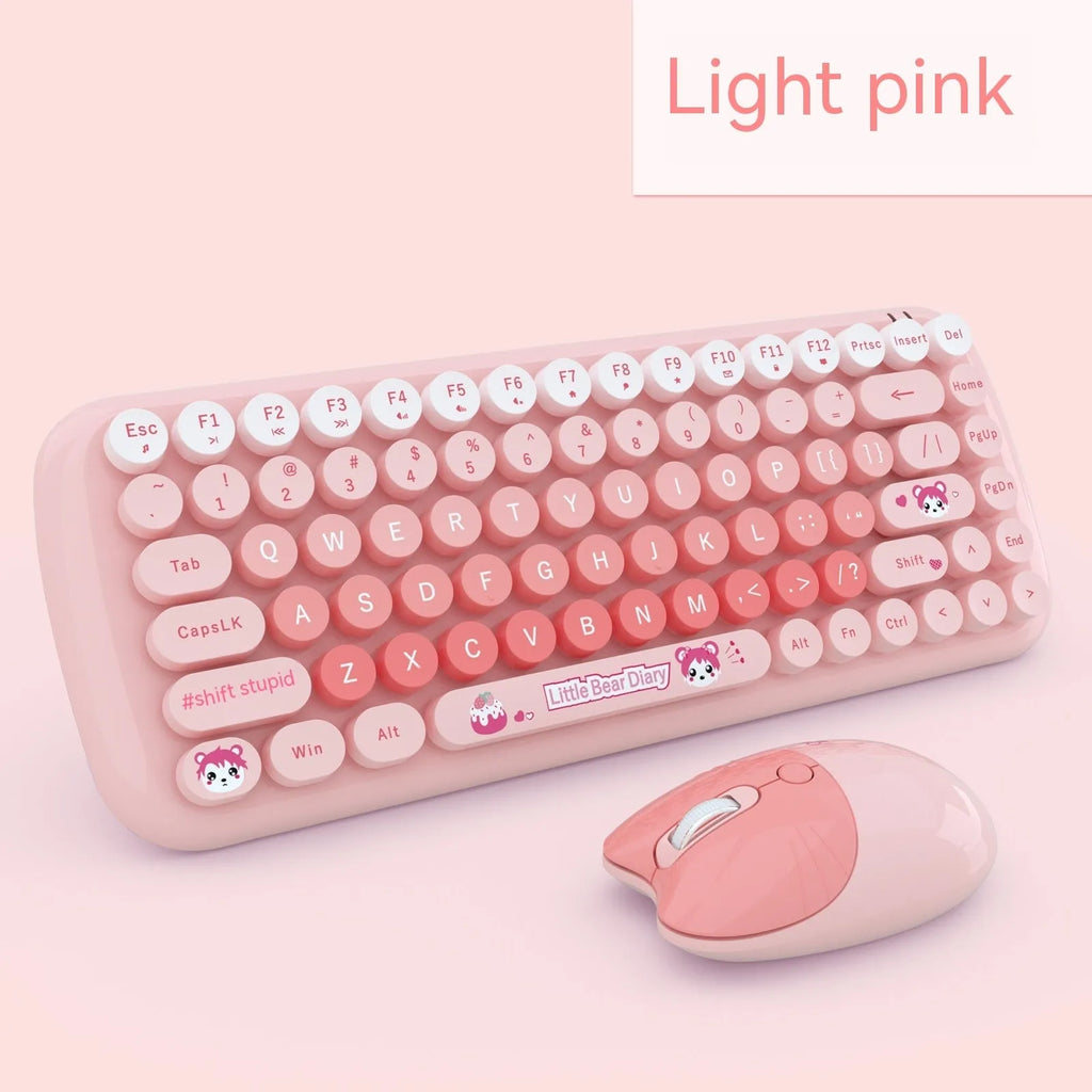 Candy pink cartoon-themed compact wireless keyboard and mouse set with USB receiver