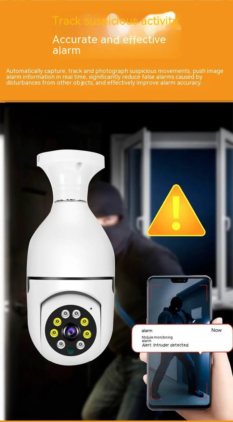 Wireless wifi security bulb camera with plastic and metal construction for indoor and outdoor 1080p monitoring.
