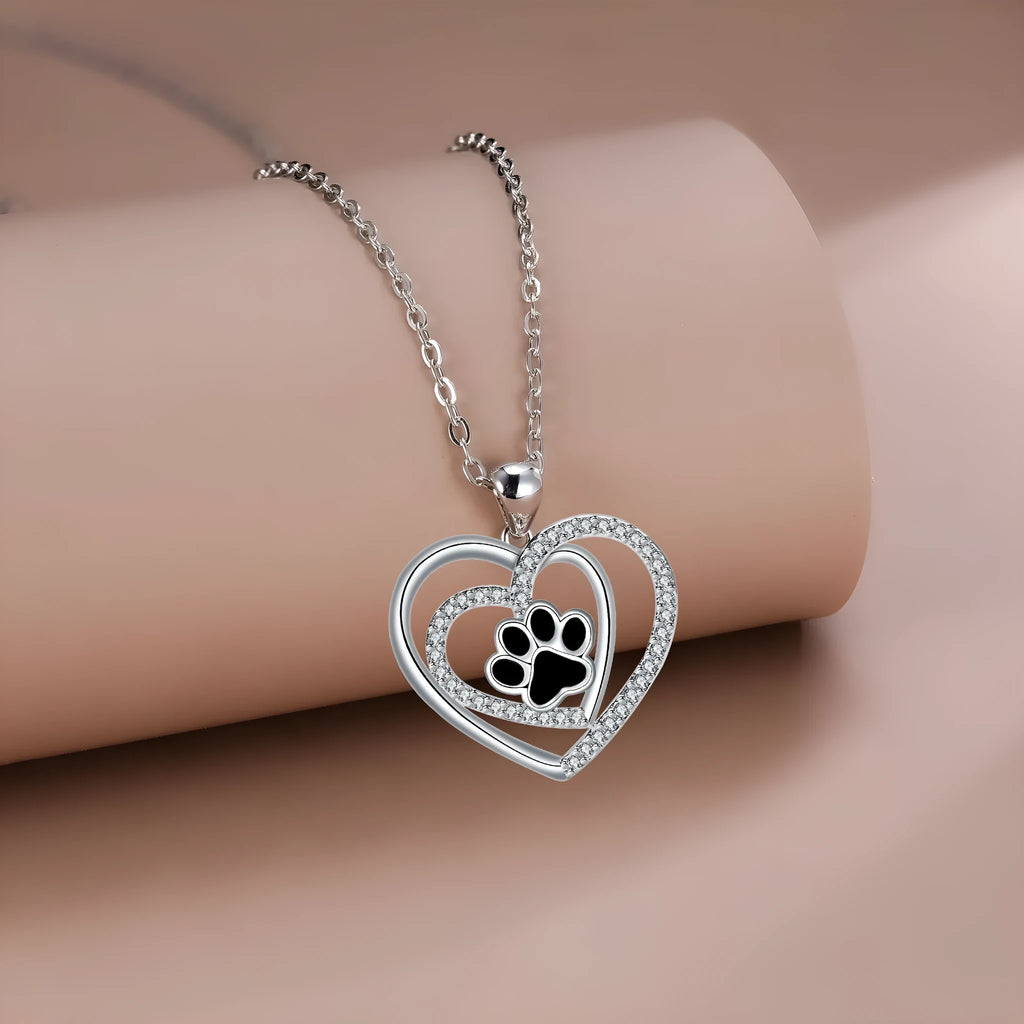 Women's dog paw print heart necklace on a cross chain, electroplated copper pendant.