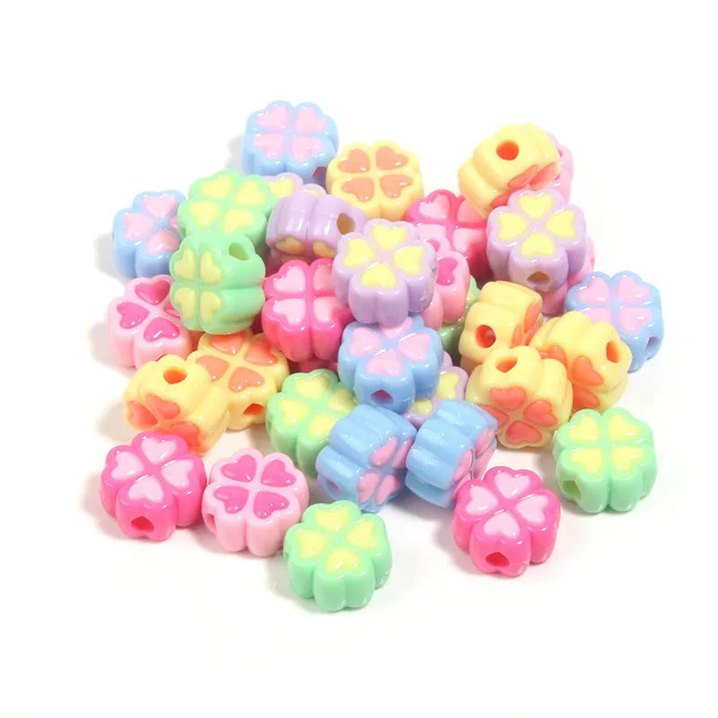 15mm frosted acrylic clover beads in mixed colours including pink, green, blue, and purple