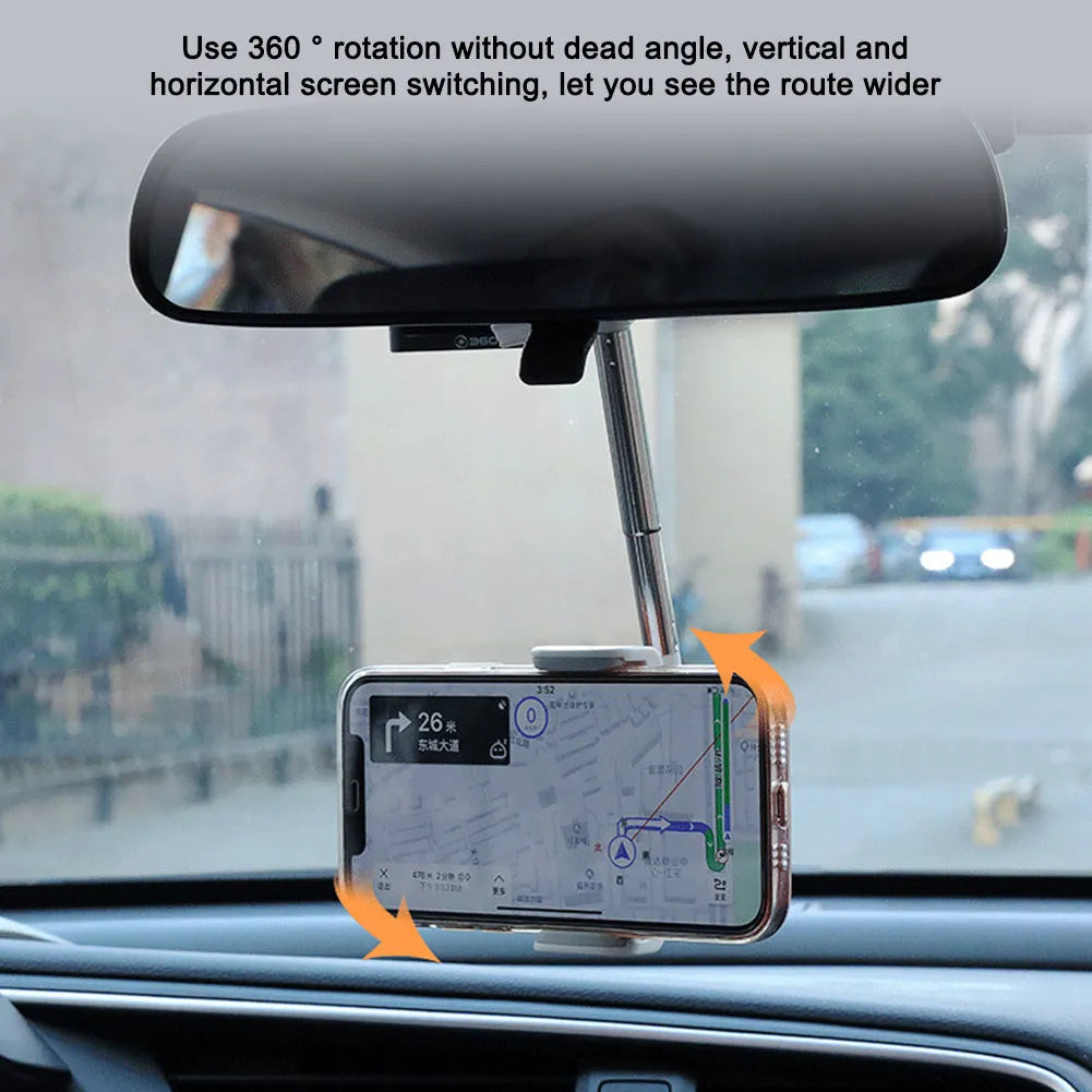 Black ABS car phone holder mounted on a rearview mirror showing 360-degree rotation mechanism