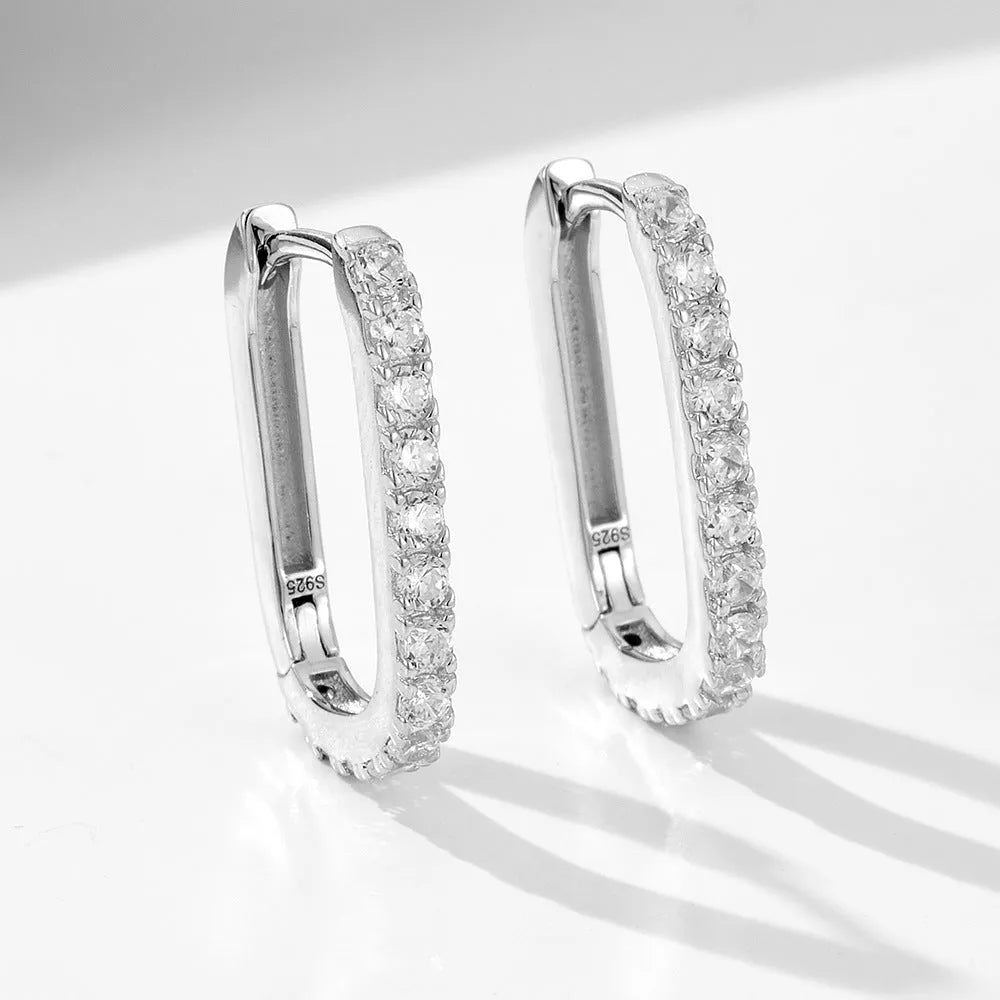 S925 sterling silver oval zircon ear clip earrings in geometric design with quadrilateral elements