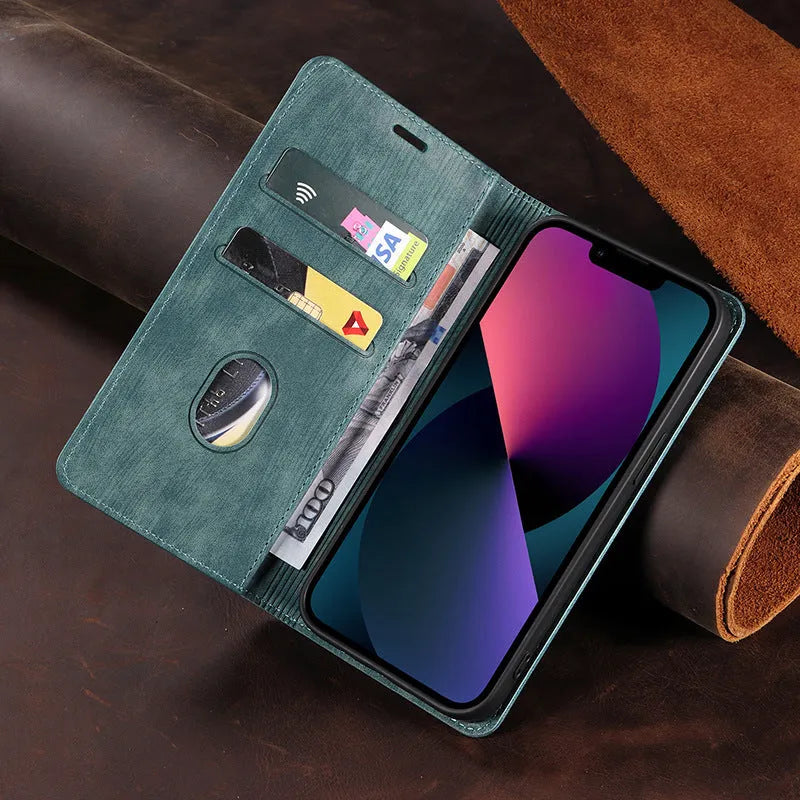 Magnetic flip phone case in various colours for multiple iPhone models.