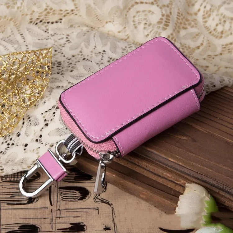 White genuine leather car key case with plain weave pattern and square vertical shape
