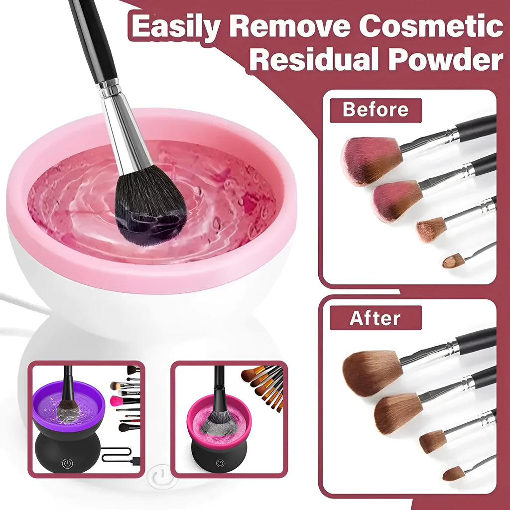 Electric makeup brush cleaner machine with ABS silicone body and compact 9 x 8.8 cm size in Black Rose Red