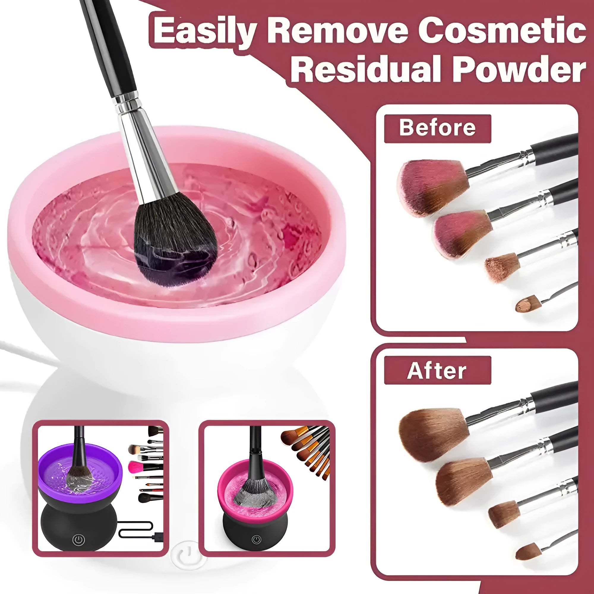 Electric makeup brush cleaner machine with ABS silicone body and compact 9 x 8.8 cm size in Black Rose Red