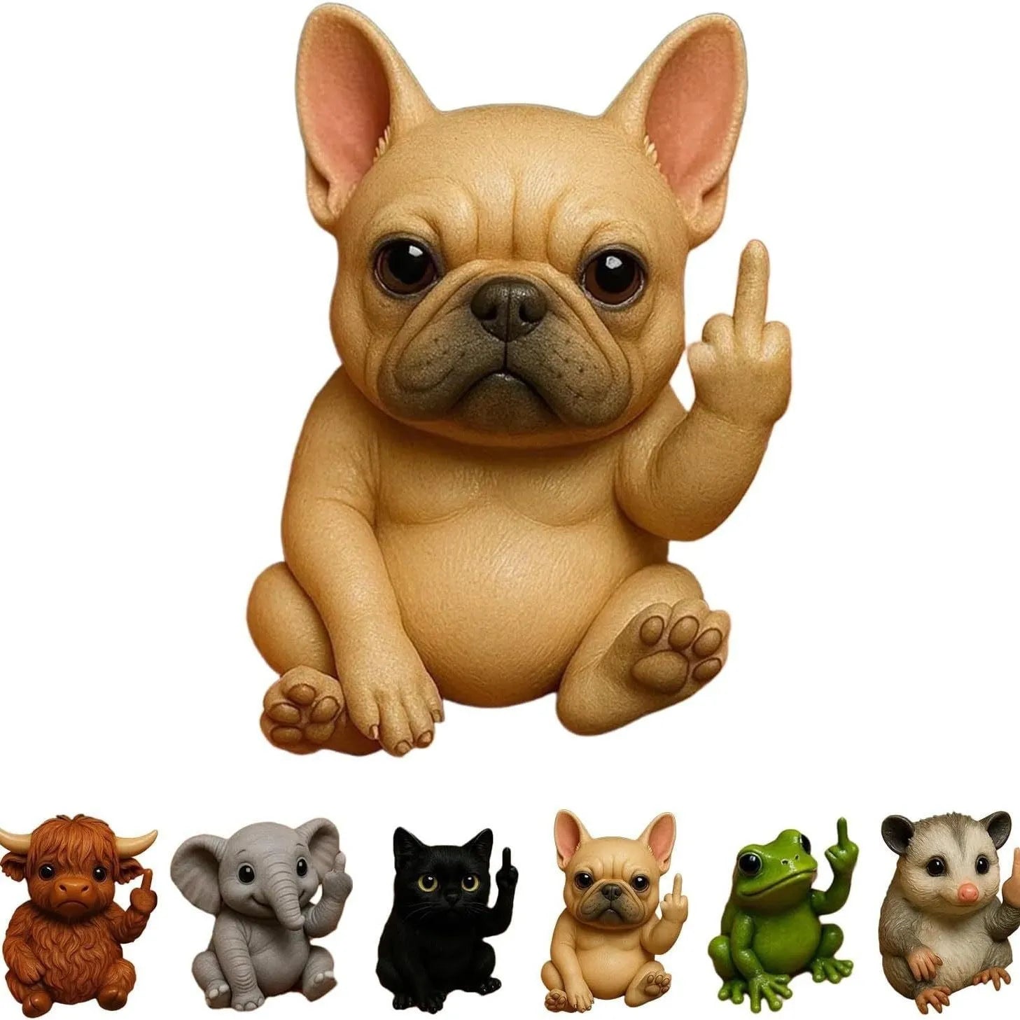 Mini resin animal doll with middle finger gesture in cat, dog, elephant, frog, Highland cattle, mouse, and turtle designs