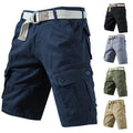 Loose-fitting cotton cargo shorts in army green with multiple pockets, laid flat.