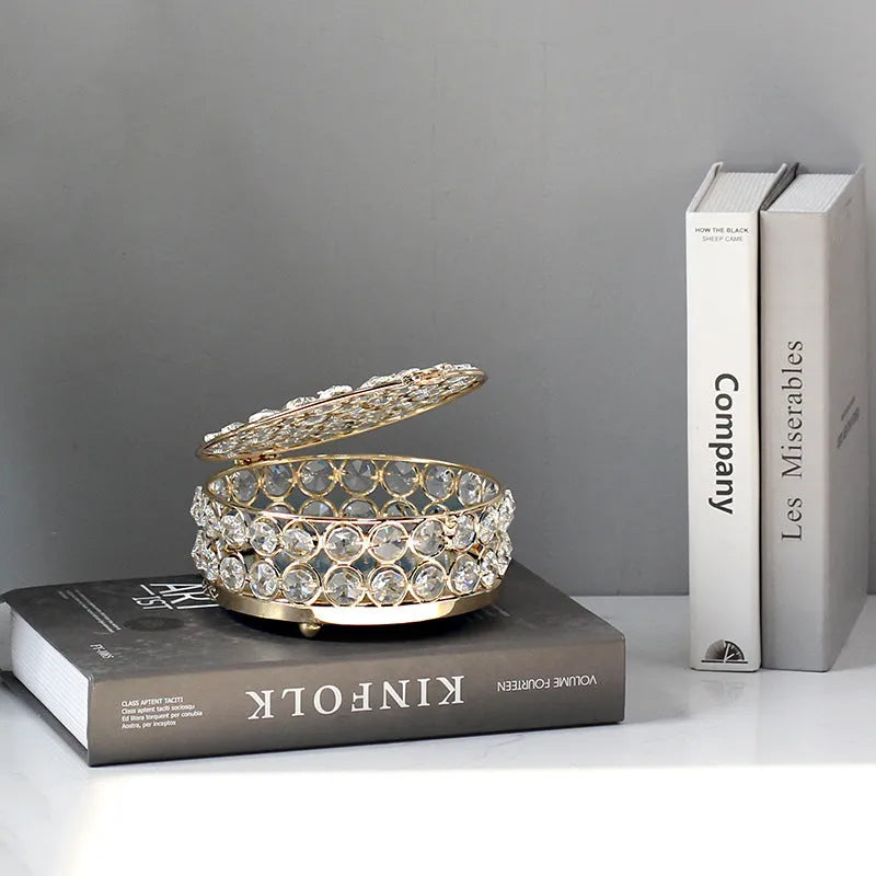 French gold metal jewellery box with crystal glass transparent lid, European style decorative design