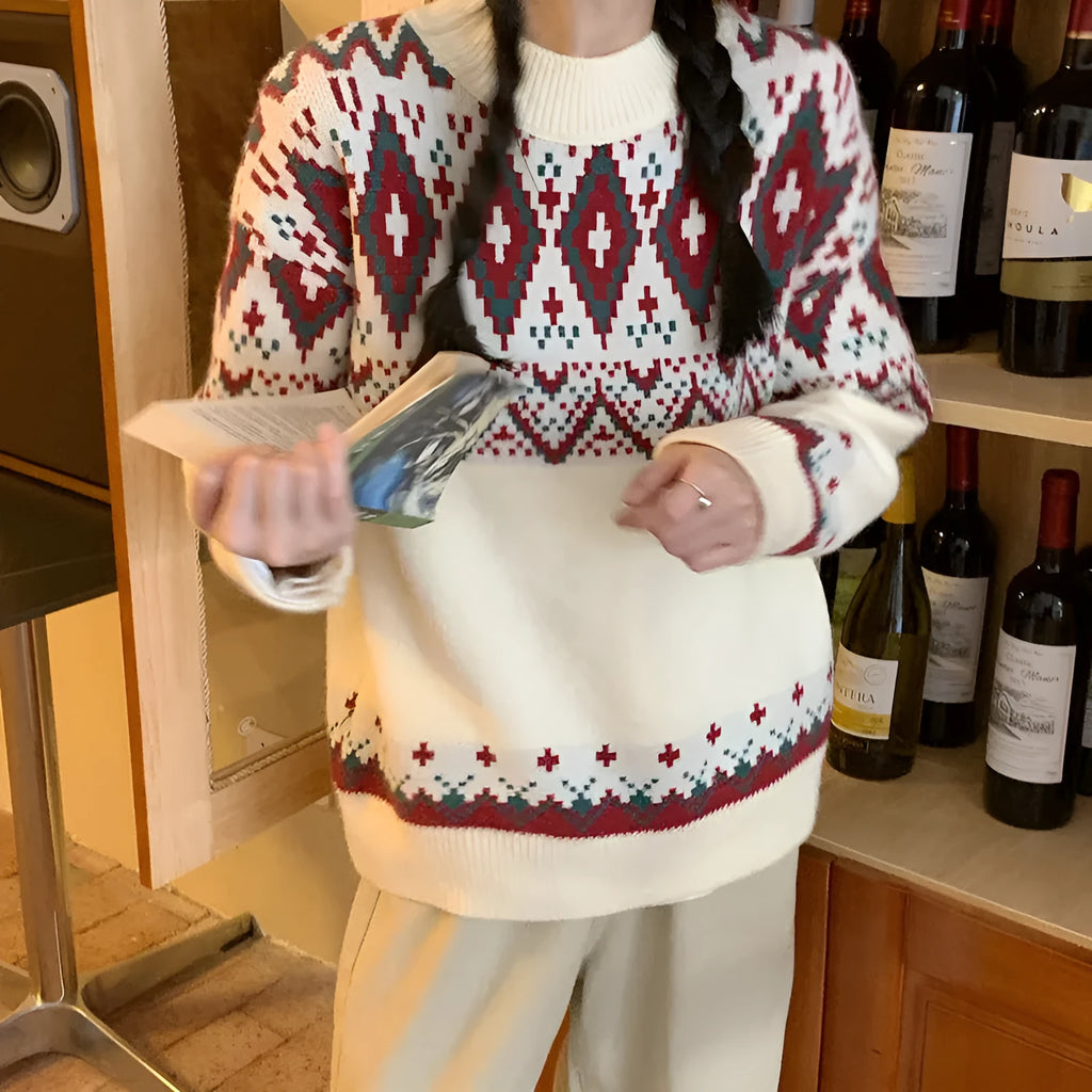 Retro striped loose pullover knitted top in red and white colours.