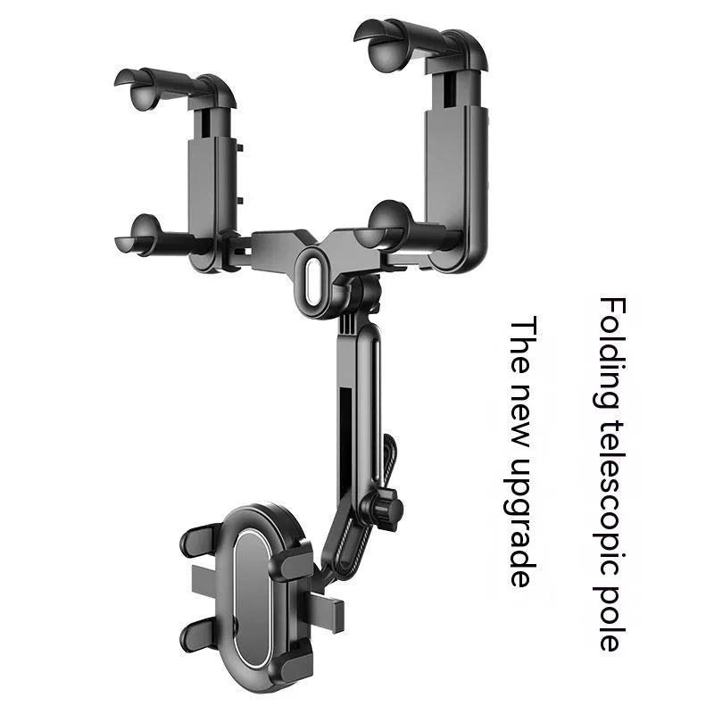 Black ABS plastic automobile rear view mirror bracket with a central folding adjustment rod.