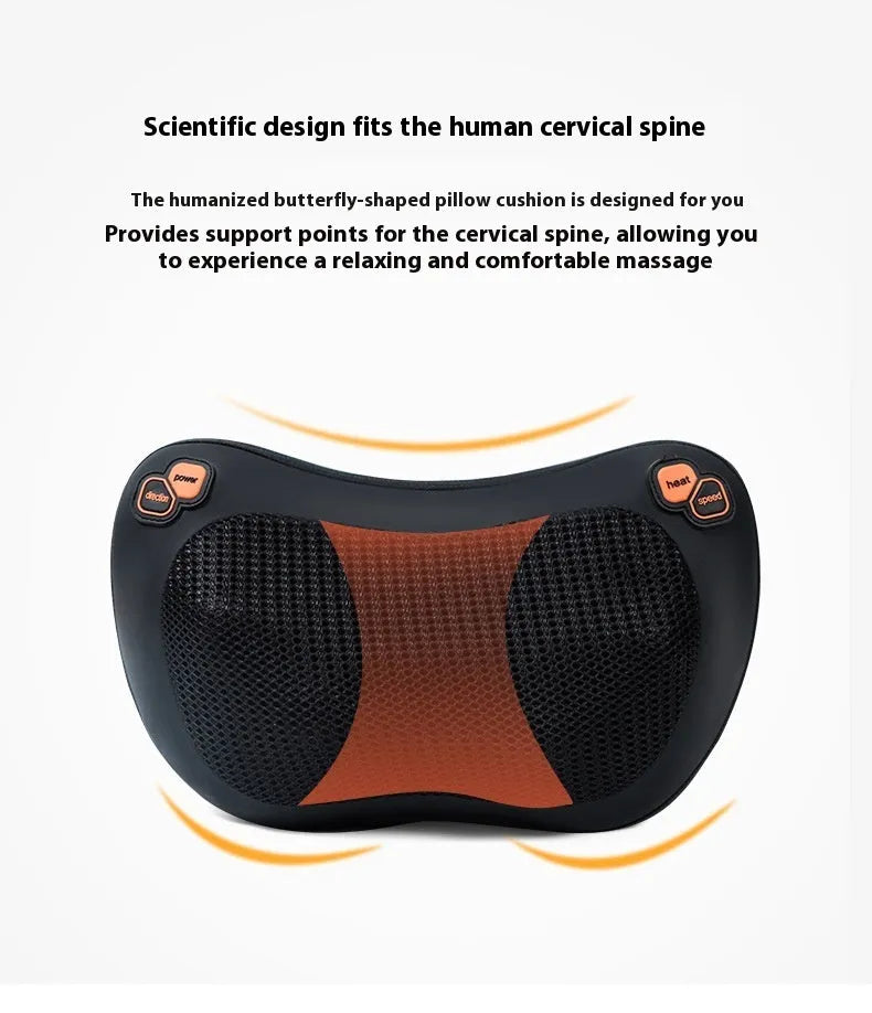 Black genuine leather neck and shoulder massage pillow with 8 heads for car and home use.