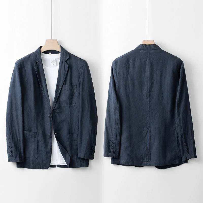 Men's linen suit jacket in loose fit casual style showing solid colour design and long sleeves