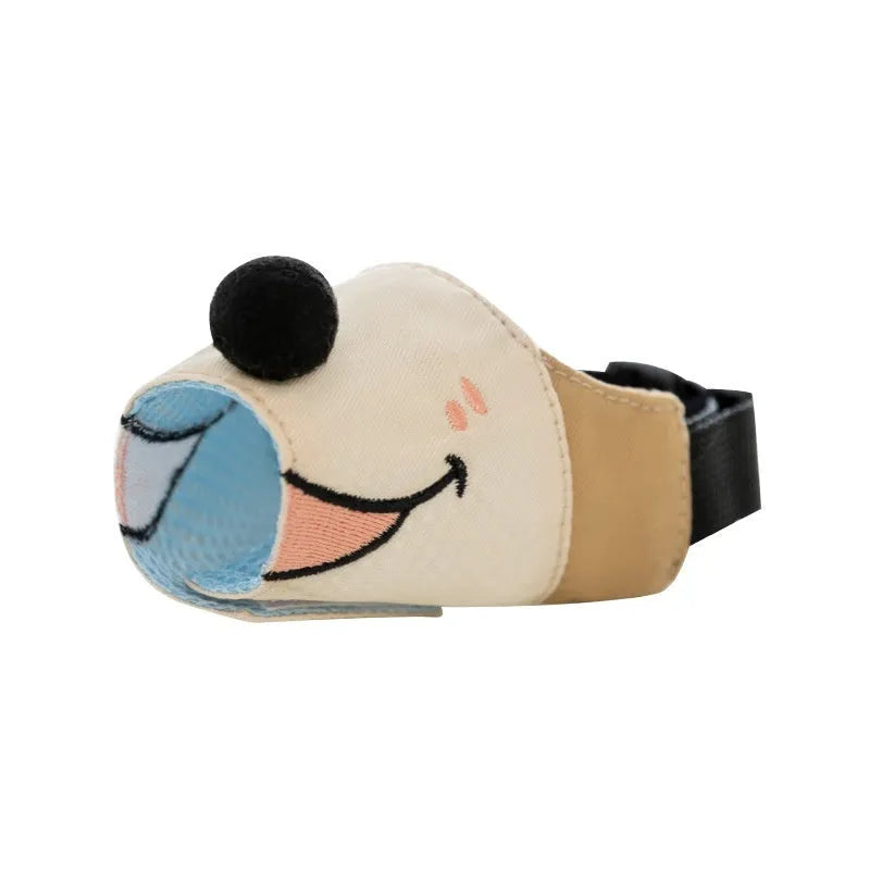 Canvas dog muzzle cover in Ollie brown bear colour, size chart showing S, M, L, XL for dogs 3kg to 50kg.