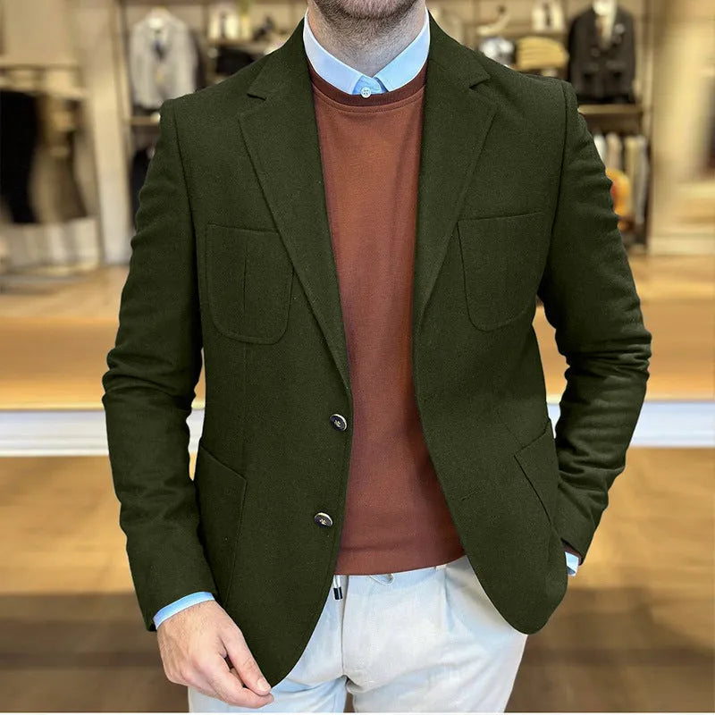 Men's loose-fit casual cotton suit jacket in army green colour on a hanger.