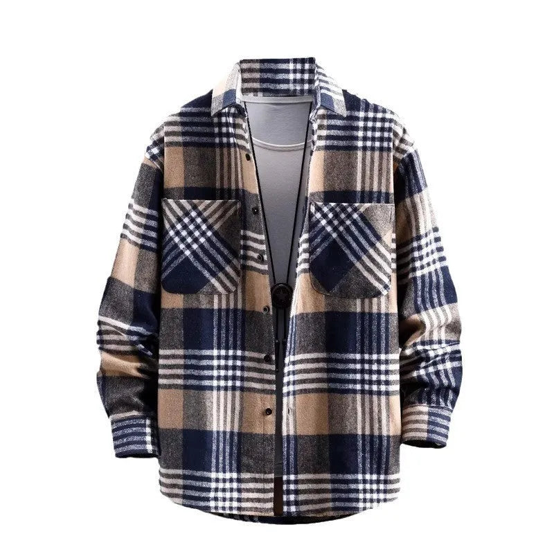 Men's plaid lapel shirt coat in polyester fibre, available in red, blue, and khaki, Asian sizes M to 3XL