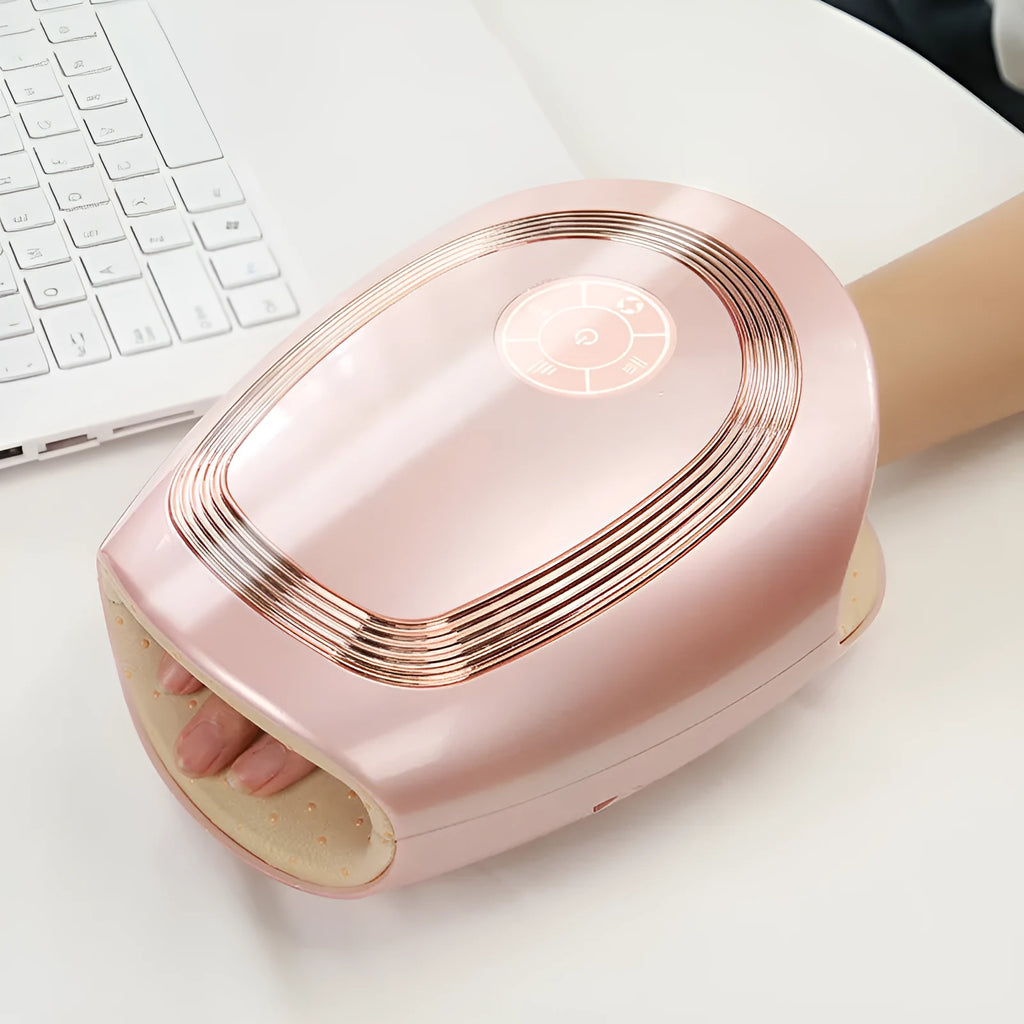 Electric airbag hand massager with heating, zinc alloy shell, 3D wave rolling for palm and finger joint physiotherapy