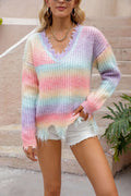 Pink rainbow gradient knitted pullover sweater with loose cut street fashion design