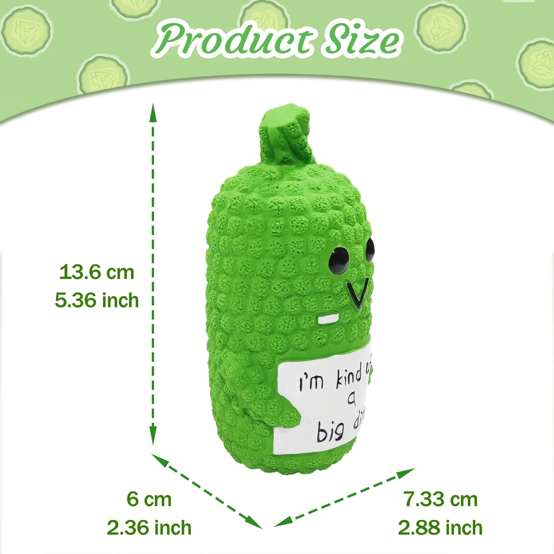 Green pickle shaped latex dog chew toy with textured surface and squeaker inside