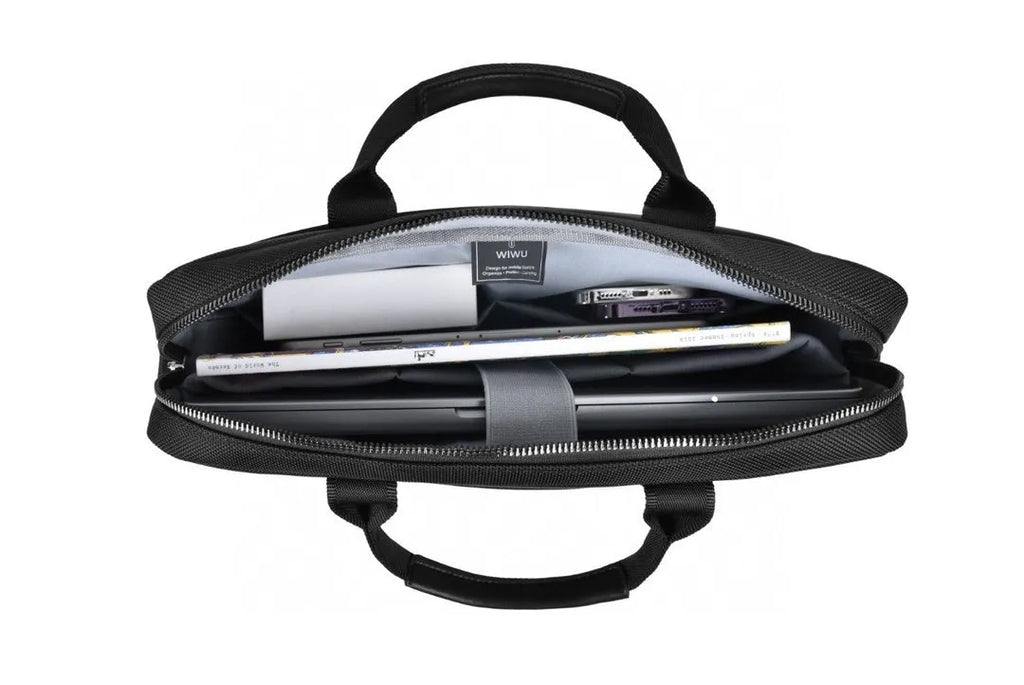 Black Oxford cloth laptop backpack with multiple organisational pockets and a lock, shown with a laptop.