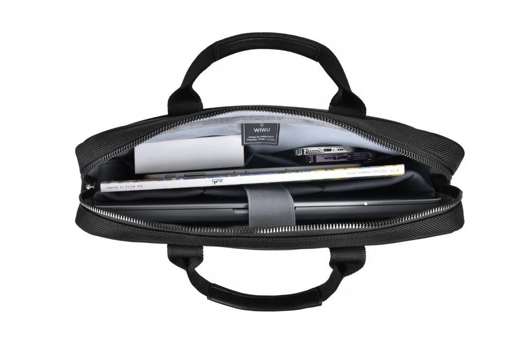 Black Oxford cloth laptop backpack with multiple organisational pockets and a lock, shown with a laptop.