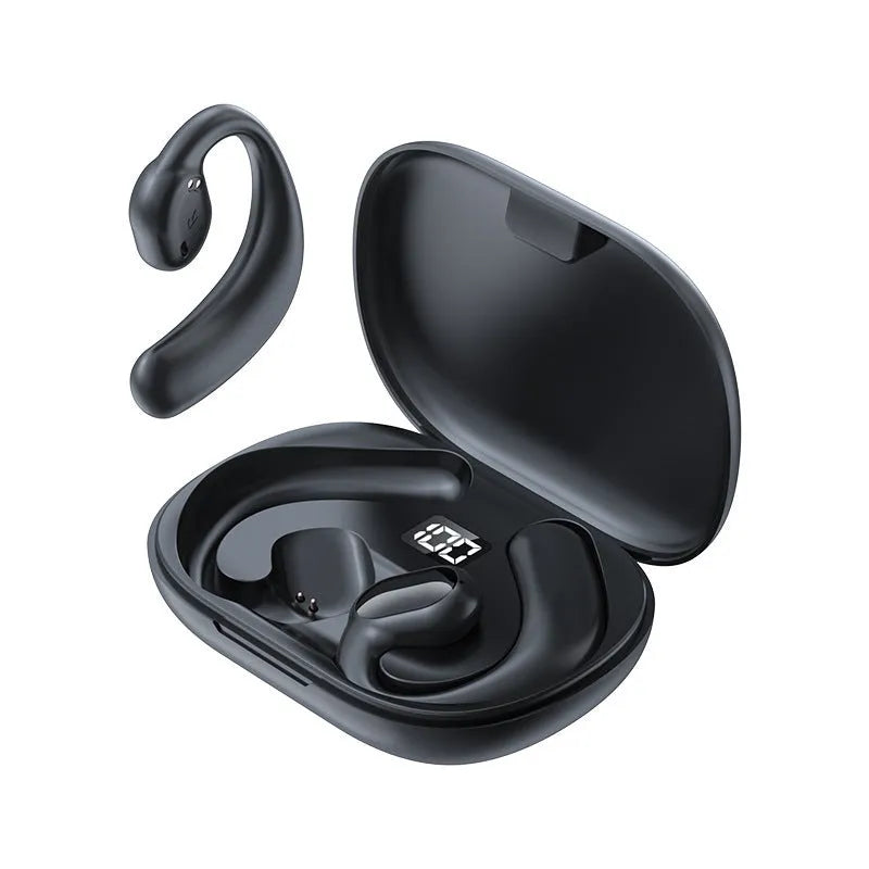 Black ear-mounted Bluetooth headset with digital display screen showing battery level.