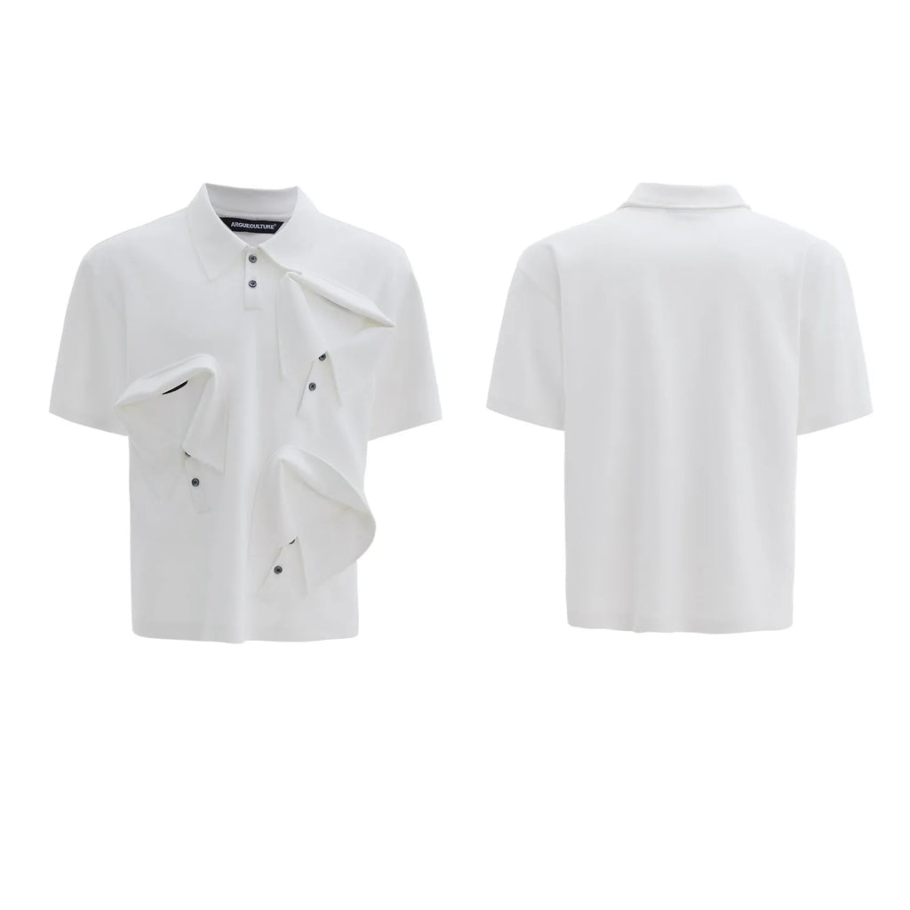Men's loose fit polo shirt with deconstructed collar and geometric pattern in black