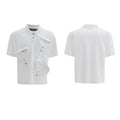 Men's loose fit polo shirt with deconstructed collar and geometric pattern in black