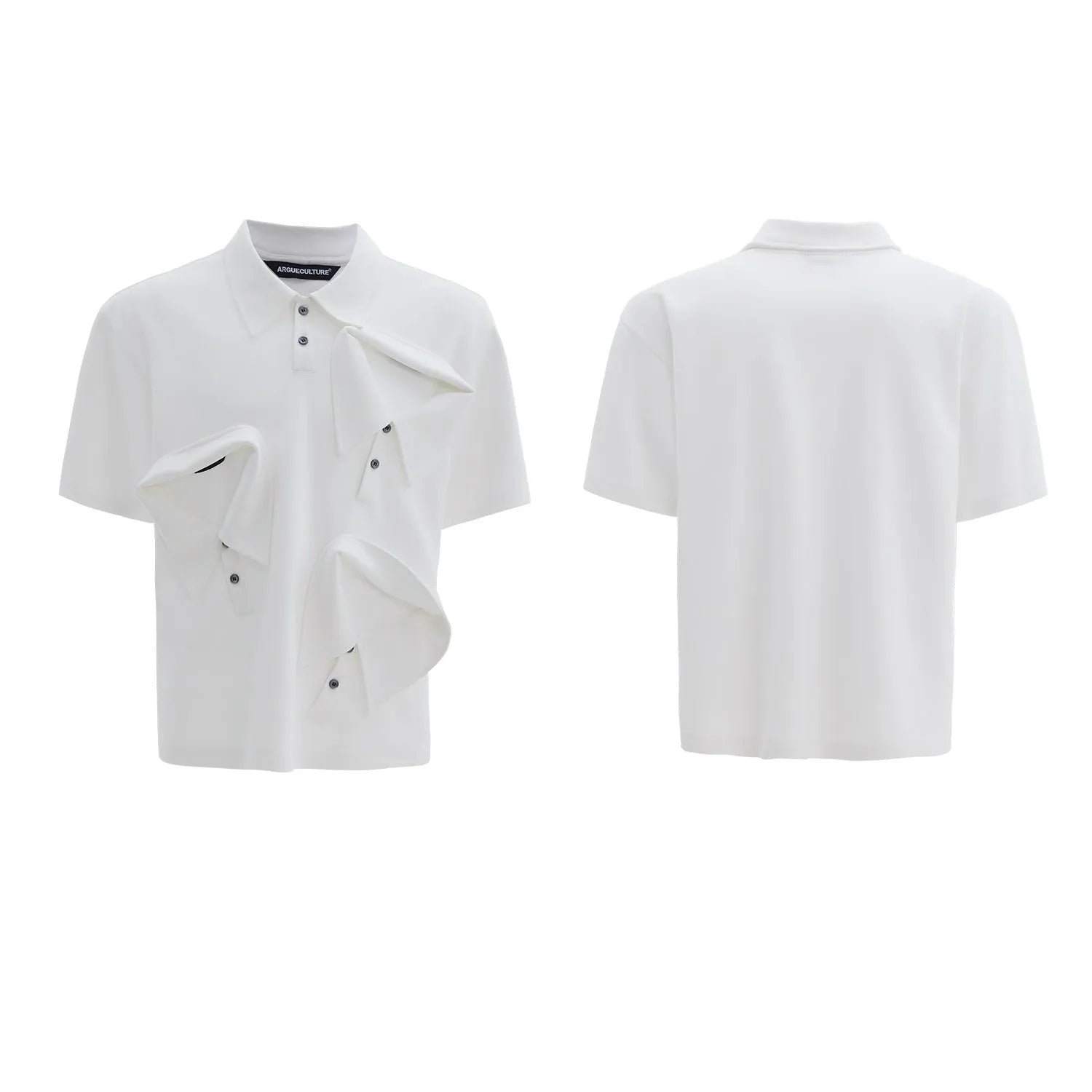 Men's loose fit polo shirt with deconstructed collar and geometric pattern in black