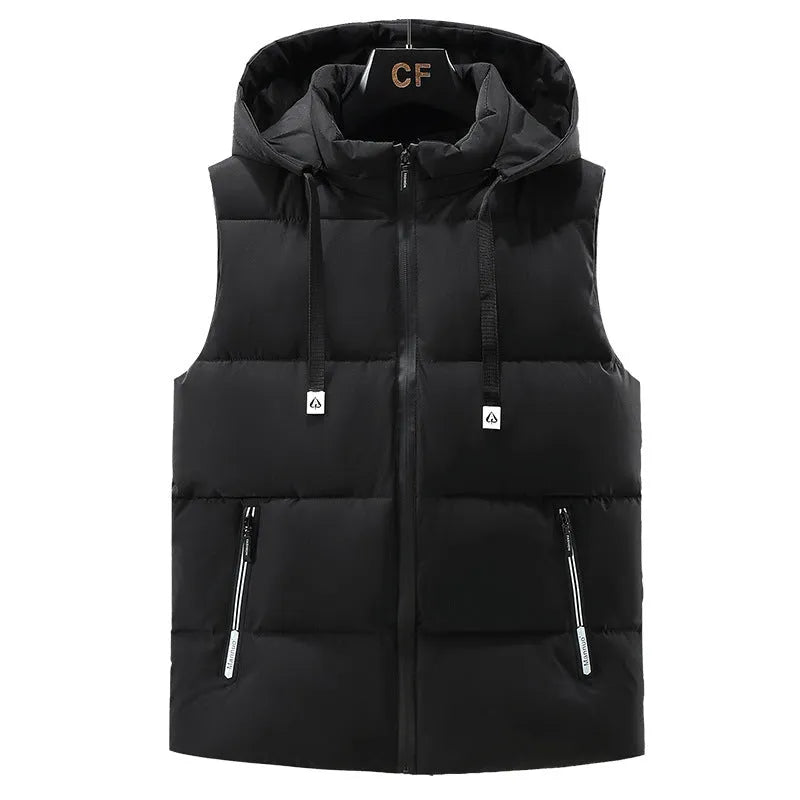 Men's black thickened vest with removable cap and straight hem design