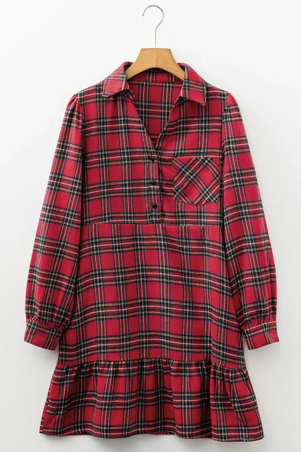 Red and white plaid women's mini dress with a shirt collar, half-button front, long sleeves, and a ruffle hem.