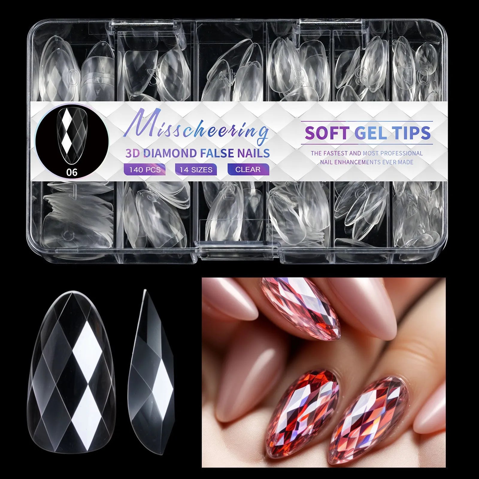 Long shaping false nail tips with 3D diamond pattern in multiple colour options.