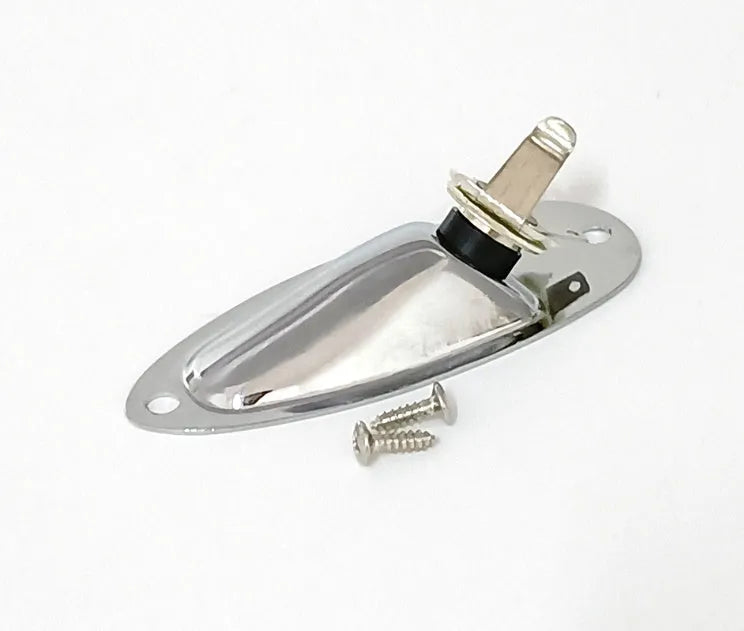 Black and silver alloy ST boat output socket for electric guitar and bass, shown next to a ruler for scale.