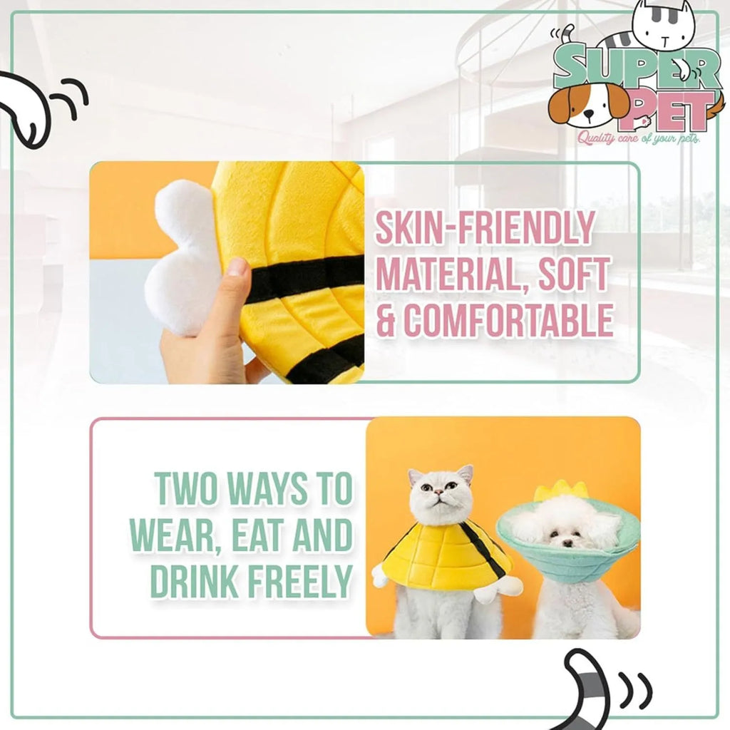Soft cat cone collar with cute bee design shown on cat