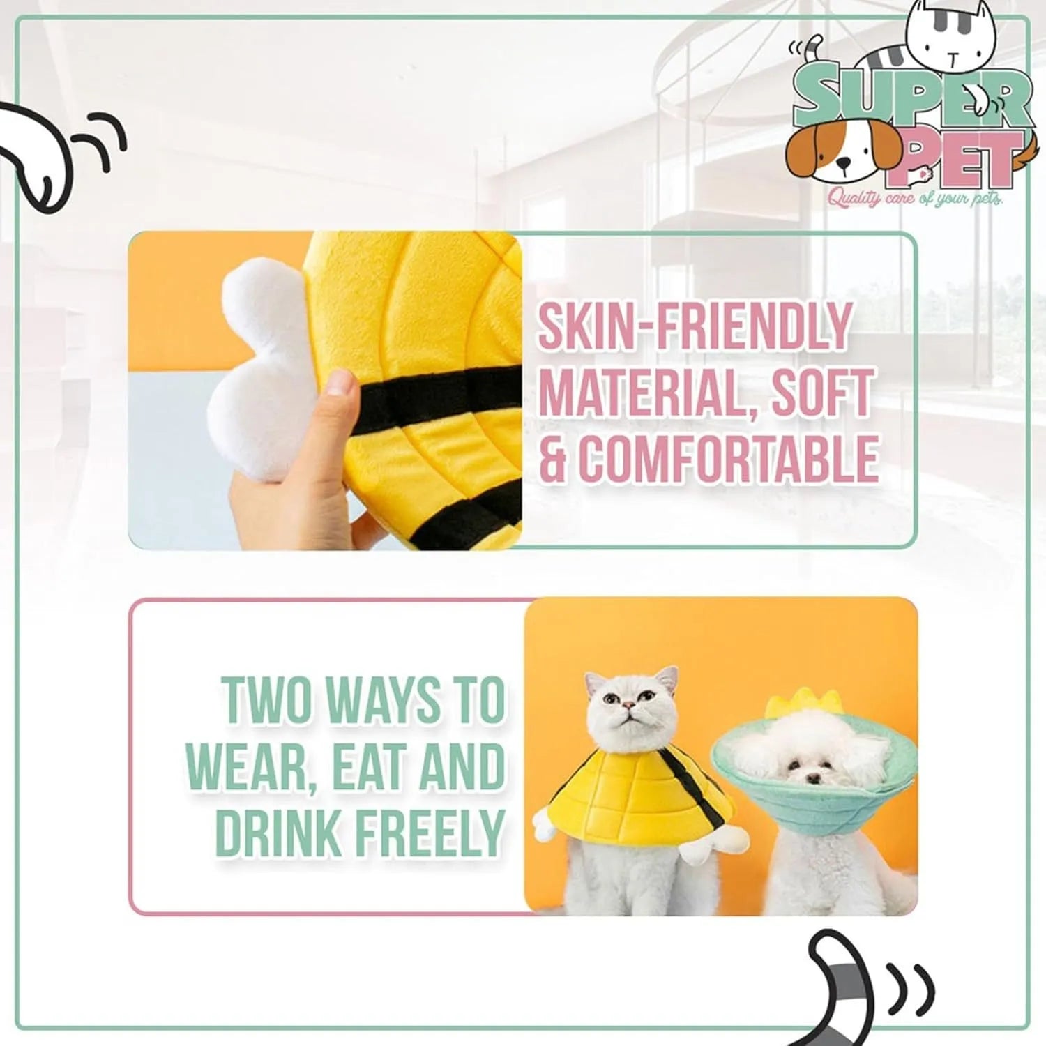 Soft cat cone collar with cute bee design shown on cat