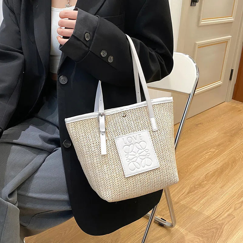 Women's straw woven shoulder bag in European retro style with large capacity and soft straw PU material