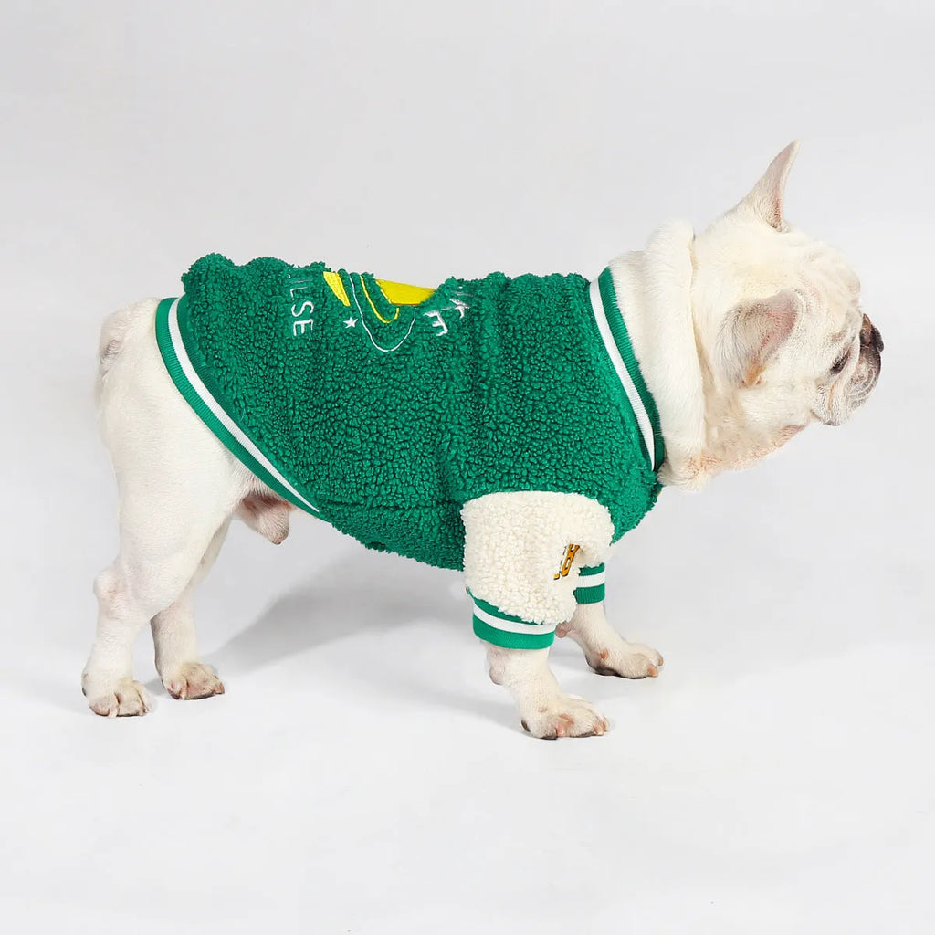 Green fleece-lined dog coat for winter with cotton exterior and multiple size options