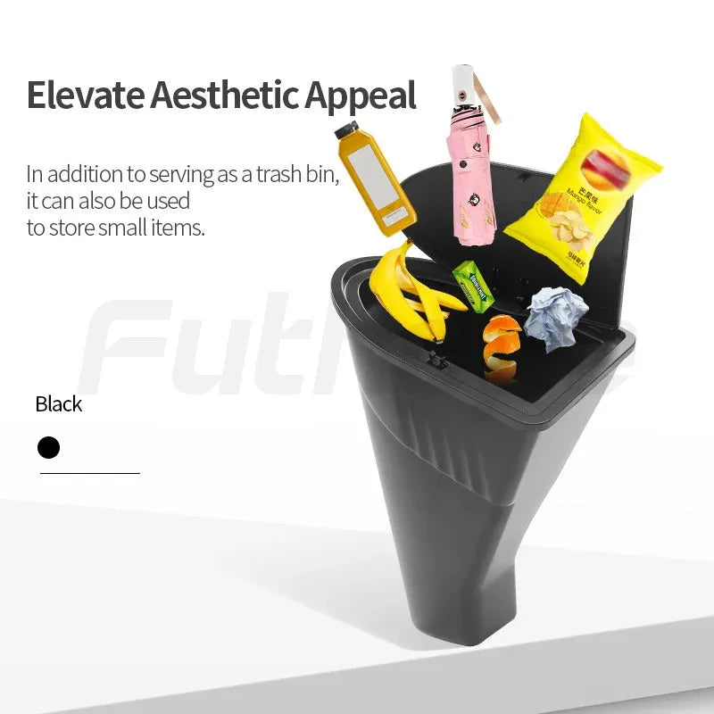 Two black ABS plastic car door trash cans designed for Tesla Model Y front door pockets.