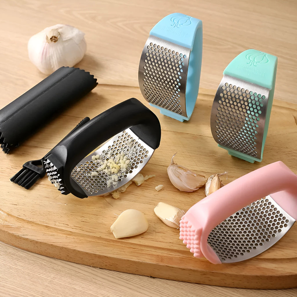 Stainless steel garlic press in black, blue, green, and pink colour options showing 11 x 7 cm dimensions