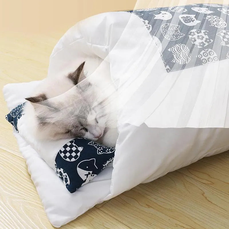 Grey enclosed winter cat bed with removable cover and pillow, shown in large size for dogs up to 11 kg.