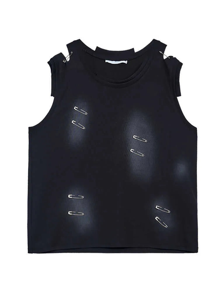 Men's black sleeveless T-shirt with waistcoat styling and irregular cut design