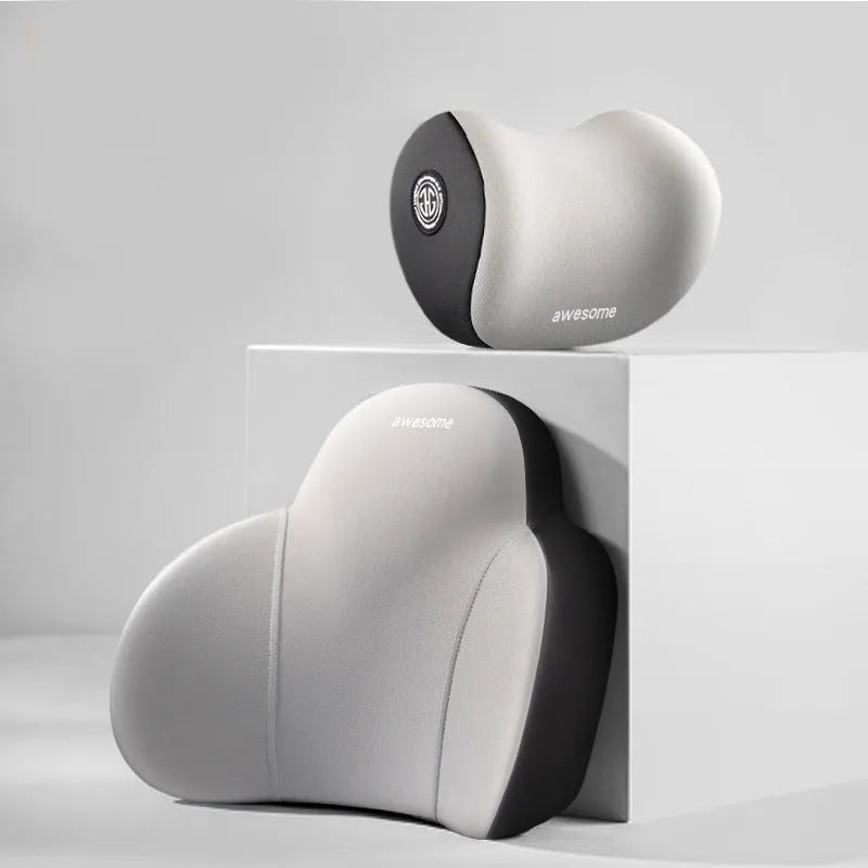 Automotive memory foam headrest and lumbar support pillows with cotton covers in various two-tone colours.