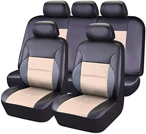 Artificial leather car seat cover set in multiple colours showing front seat, headrest, and back seat pieces.