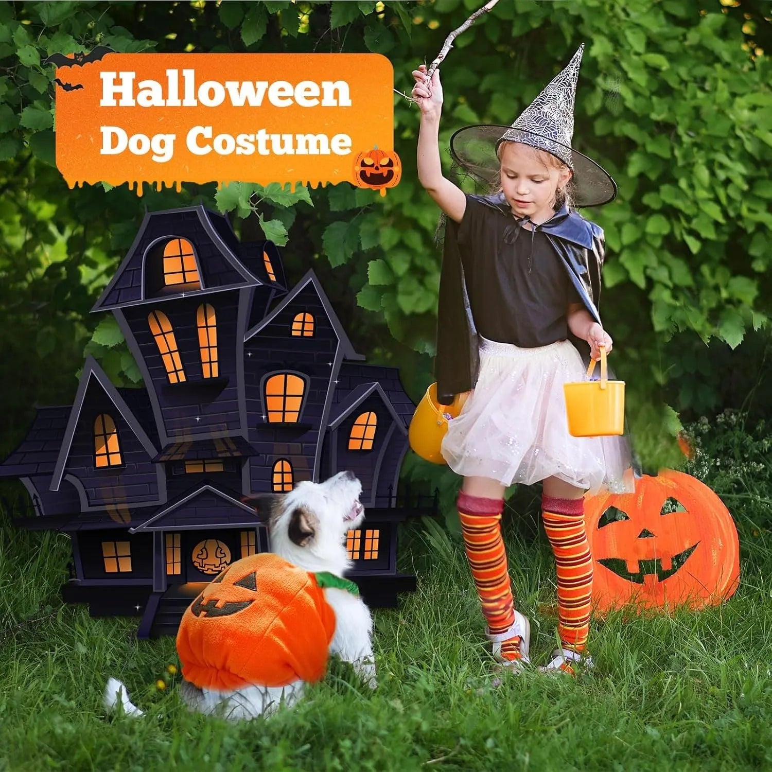 Orange plush pumpkin Halloween costume for a small dog, showing pullover design and soft texture.
