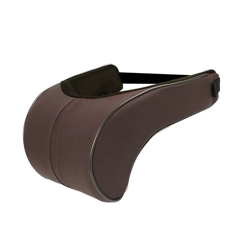 A solid-colour memory foam car cushion, shown as both a headrest pillow and a lumbar support, in a neutral brown shade.