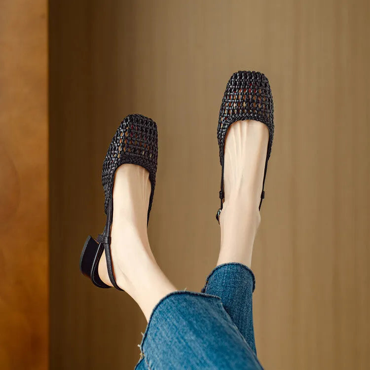 Women's woven hollow-out closed toe sandals with chunky 4cm heel and belt buckle fastening in black