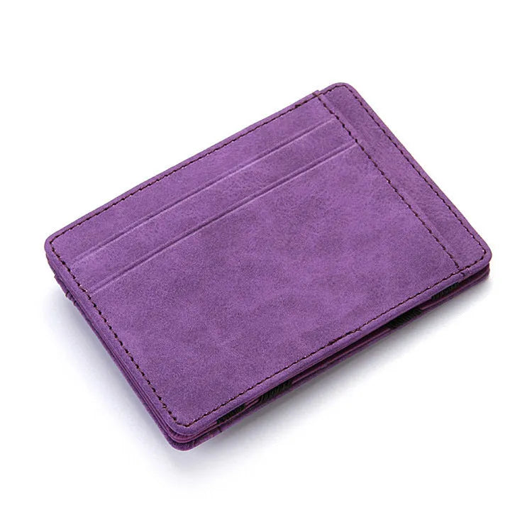 PU leather magic wallet showing flip card holder and zippered coin purse in solid colour options
