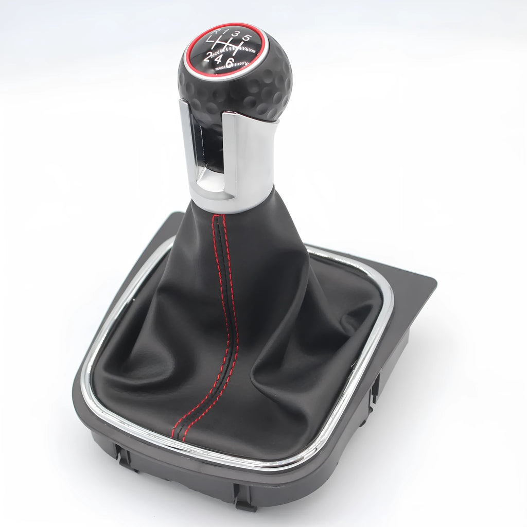 Manual leather gear lever handball with dust boot for Volkswagen Golf, showing 12mm installation hole.