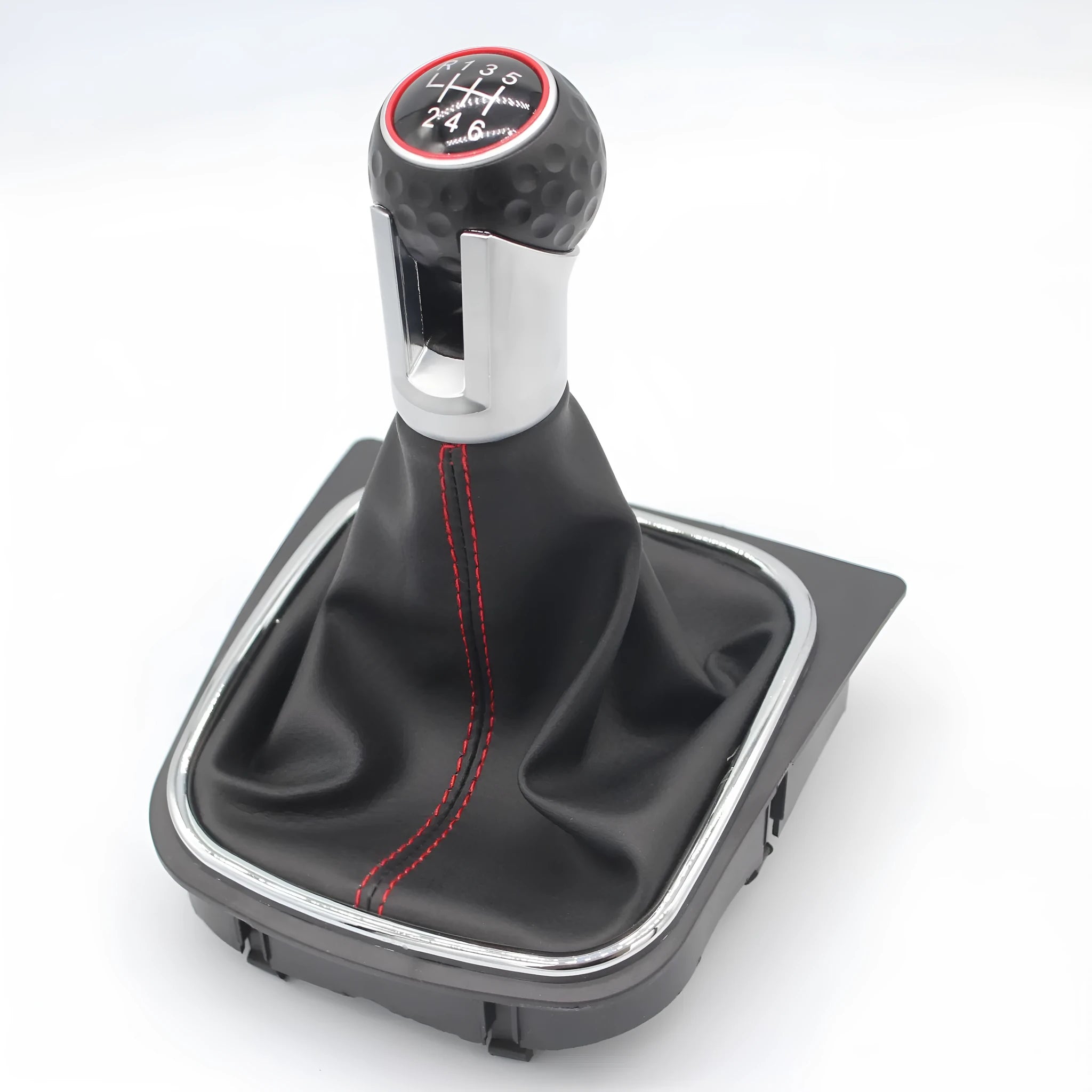 Manual leather gear lever handball with dust boot for Volkswagen Golf, showing 12mm installation hole.